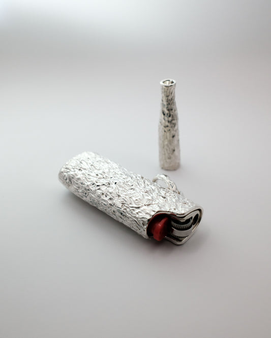 Custom Bic lighter case and cigarette tube handmade of recycled silver